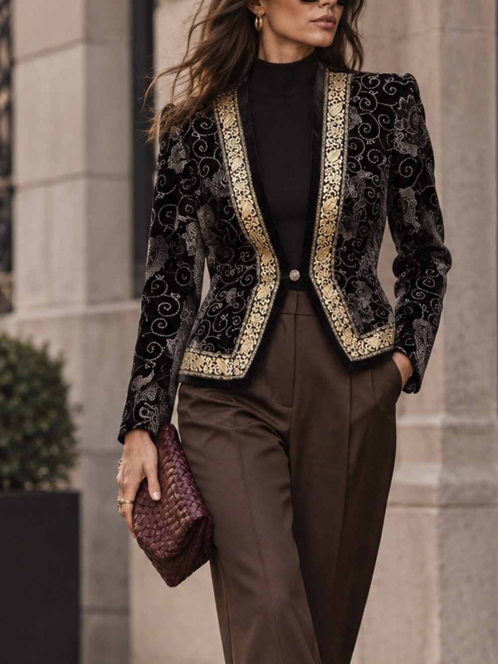 Vintage Scott McClintock Black Velvet Embroidered Jacket Gold Trim Size 10